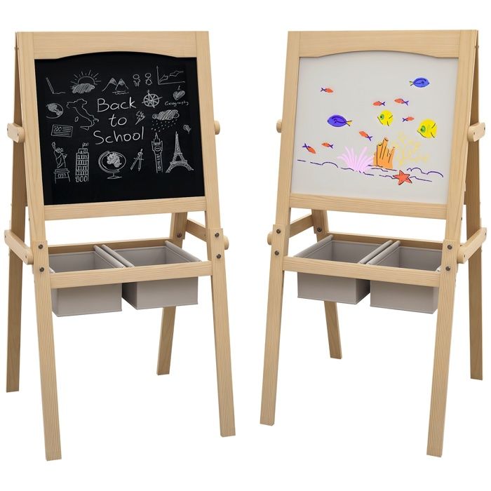 Tableau chevalet - AIYAPLAY - enfant ardoise double face blanc craie rouleau papier paniers - bois pin - naturel