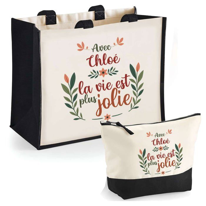 Duo cabas jute et trousse Chloé la vie est plus jolie Cadeau Anniversaire Noël Sac de courses Pochette Maquillage Shopping