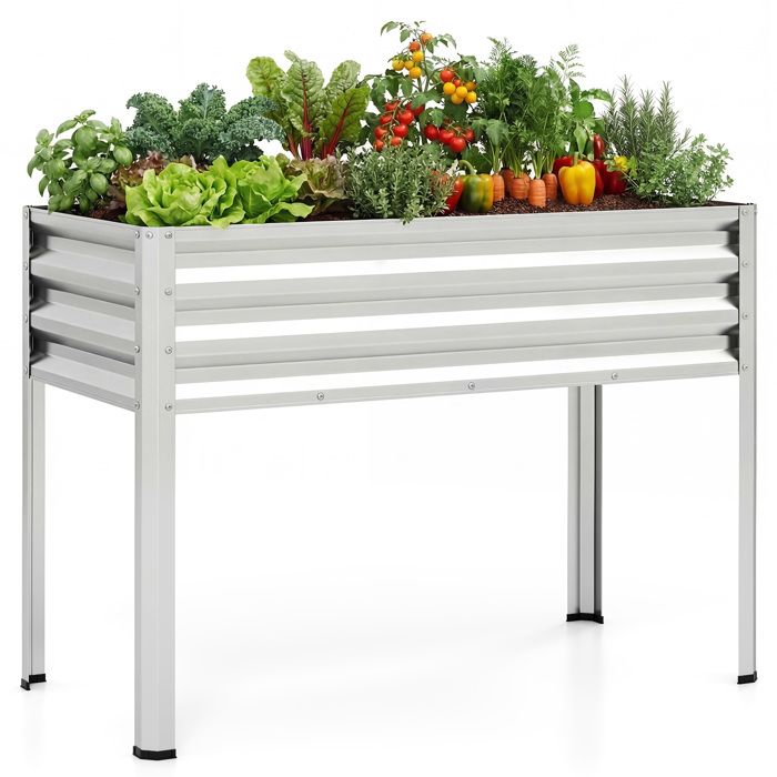 Jardinière Surélevée en Métal 142L COSTWAY Trous de Drainage Carré Potager sur Pieds 112 x 55 x 81 cm pour Légumes Fleurs Argent