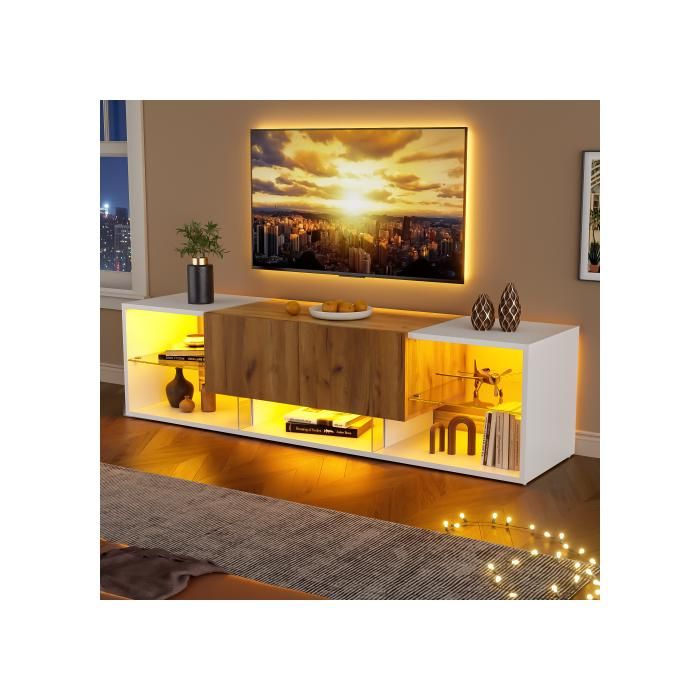 Meuble TV 160x40x42 Cm Avec 2 Tiroirs Étagères En Verre Et LED Panneaux De Particules Blanc et Couleur naturelle
