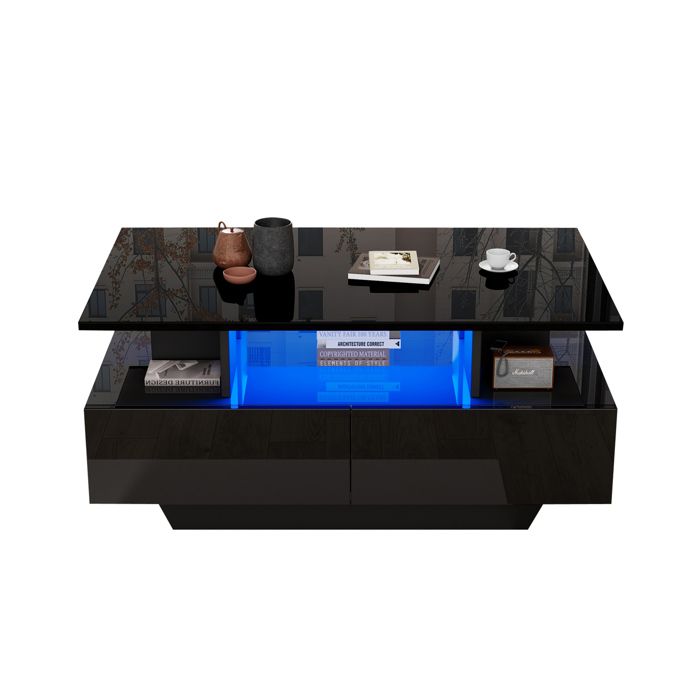 Meuble table basse design laqué LED 2 tiroirs 90x55x41 cm charge max 30 kg