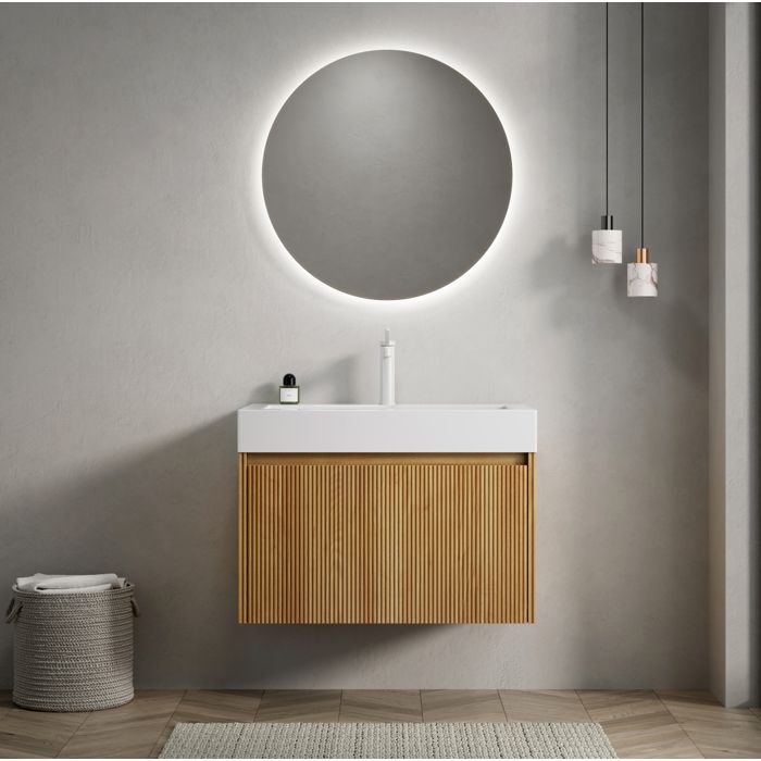 Meuble vasque 70cm suspendu pour salle de bain blanc et bois naturel tiroir unique vasque résine intégrale livré monté