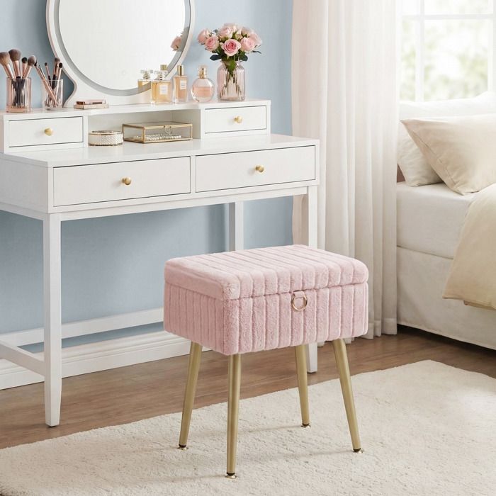 Tabouret de Coiffeuse Rembourré avec Rangement Tabouret Réglable en Métal pour Chambre ou Salon Rose