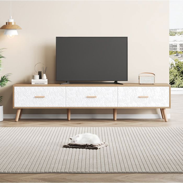 Meuble TV bas 150 x 35 x 39 cm blanc et bois clair avec 3 tiroirs