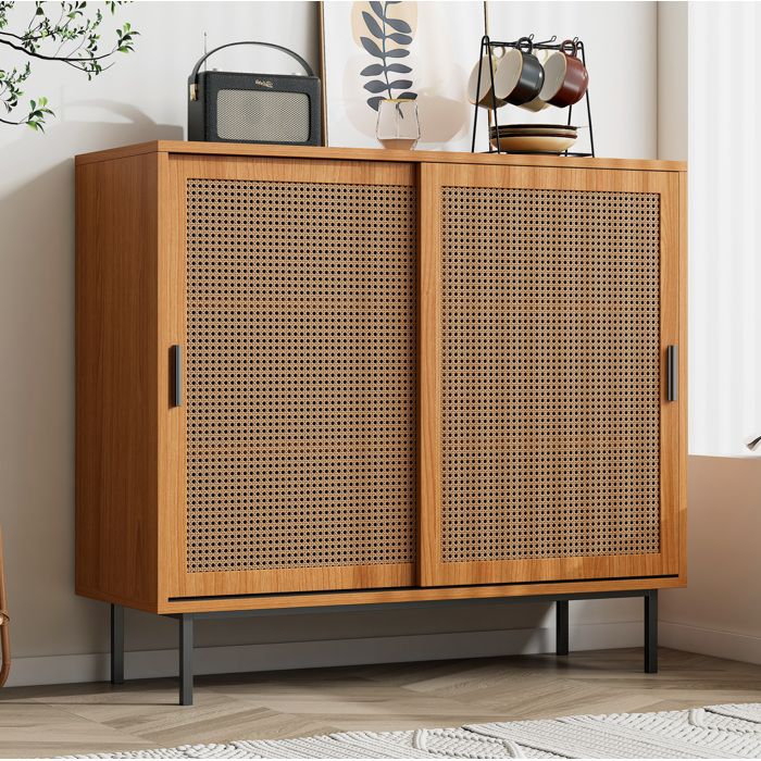 COVREO Buffet bas 100 x 37 x 90 cm à 2 portes coulissantes 3 étagères noyer effet cannage