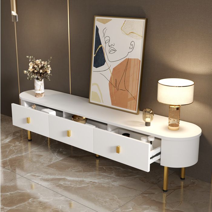 Meuble TV 3 Tiroirs Bords Arrondis - BEAUNIV - Laqué Blanc Poignées et Pieds Dorés pour Salon MDF 174×35×41 cm