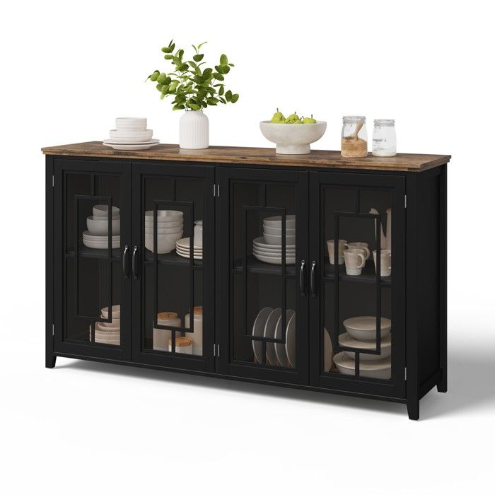 Grand Buffet de Cuisine de 160 cm avec Portes Vitrées - Buffet Bas Noir de Rangement - Vaisselier Moderne pour Salle à Manger