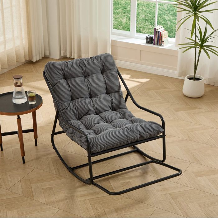 Fauteuil à bascule 1 place relaxation moderne intérieur extérieur acier noir coussin épais gris 75x116x82 cm Grjofek
