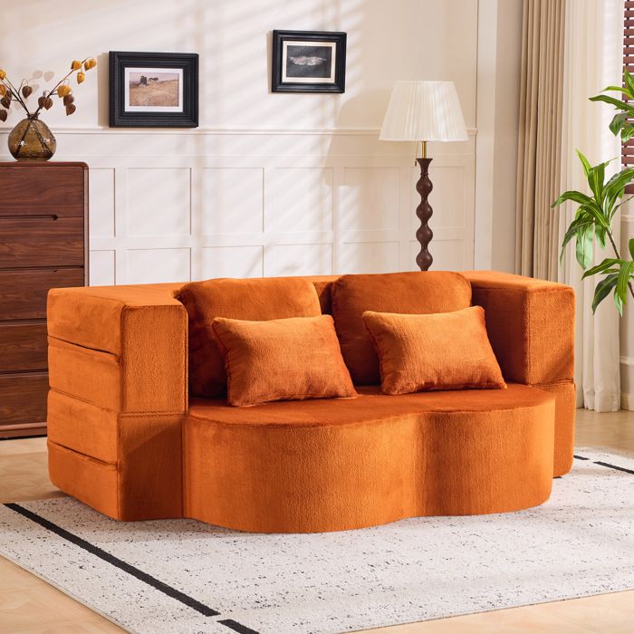 Canapé de sol convertible orange 198 x 120 cm en mousse haute densité tissu peluche 4 coussins sans assemblage