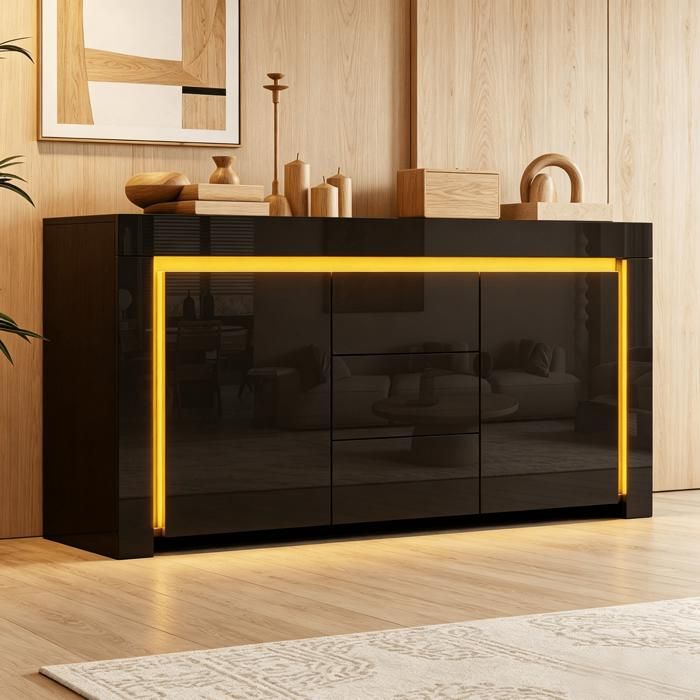 Buffet Bahut 2 portes 3 tiroir LED  140 x 65 x 40 cm  Noir/bois  Rangement  LED Eclairage  Bluetooth