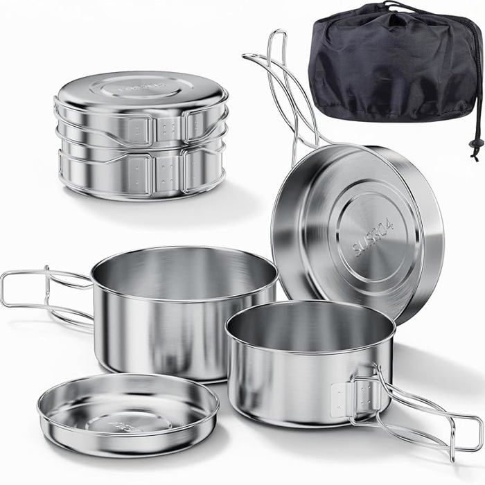 Kit de Casserole Camping4pcs Compact Kit de Cuisine Camping en Acier InoxydableKit de Popote Bivouac Gamelle