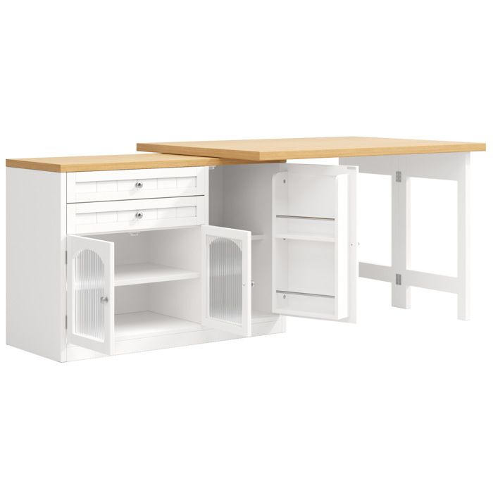 Îlot central de cuisine extensible – Plateau pivotant 360° – 120 à 194 cm – Blanc – Aspect bois