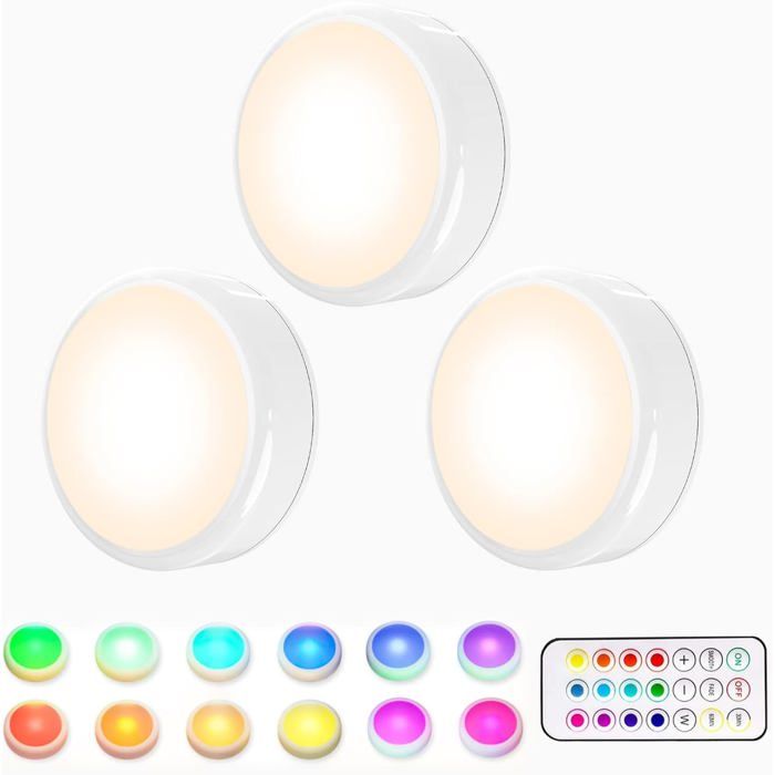 Lot de 3 lampes LED RGB 16 couleurs sans fil - télécommande - 7 62 cm - 3 piles AA