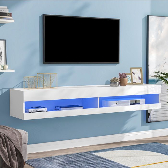 Meuble TV mural blanc LED 140 cm en MDF avec rangement commande App et télécommande VEVXYN