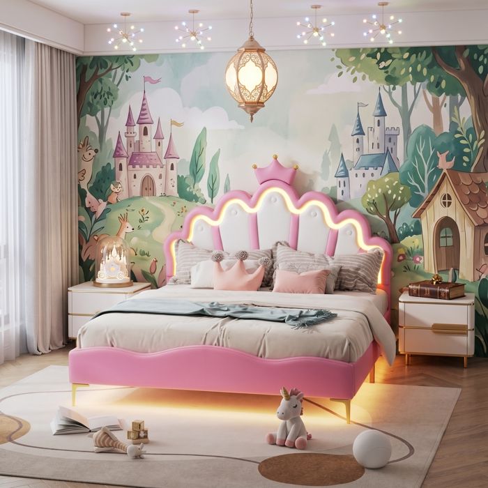 Lit enfant princesse 140x200cm tête de lit couronne rembourrée PU bandes LED tête et dessous lit pieds dorés chambre fille rose