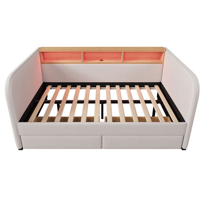 Lit banquette rembourré 140x190 cm en lin coloris beige matelas non inclus avec tiroirs avec rangement ports USB intégrés