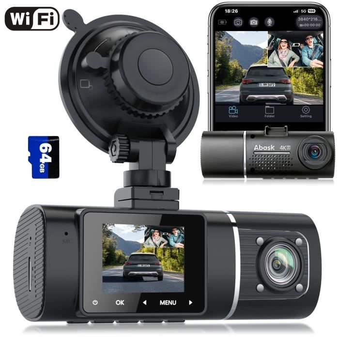 Abask J05 Pro Caméra de Voiture 4K 1080P WIFI APP Connexion DashCam Angle 170°+140° Vision Nocturne Infrarouge Avec 64Go Carte