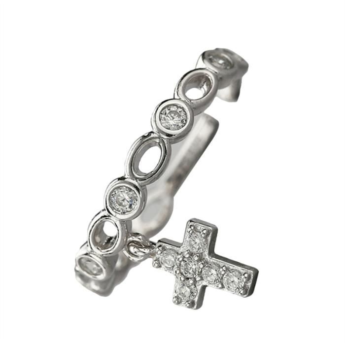 Femmes Simple Mode Ouvert Bague Avec Croix Pendentif Argent Ouvert