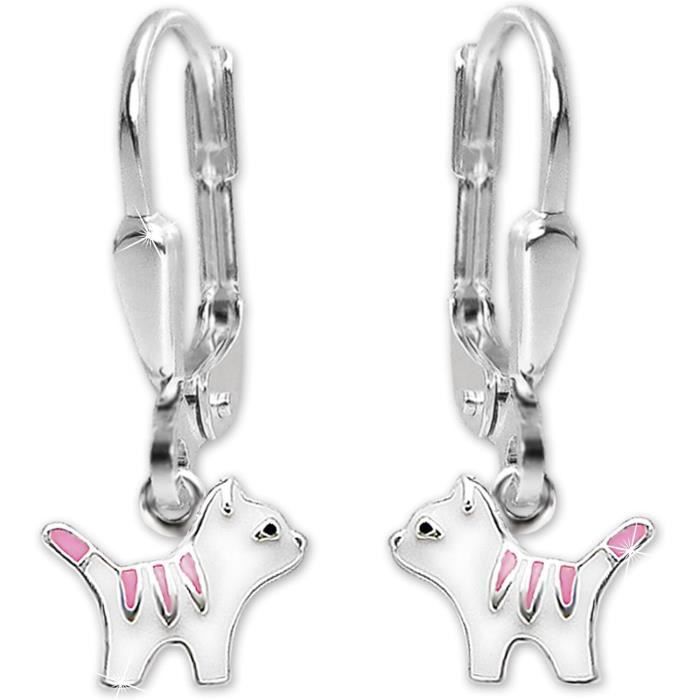 Boucles D'oreilles Pendantes Chat - Argent Sterling 925 - Zircons - Neuf Avec étiquettes