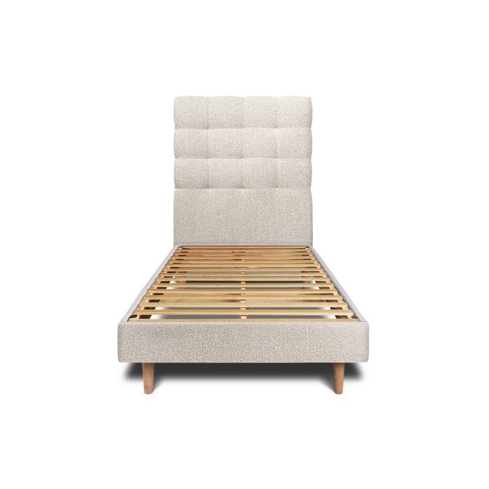 Lit 90x190cm avec tête de lit capitonnée bouclette et sommier kit Beige - Hauteur totale : 29cm