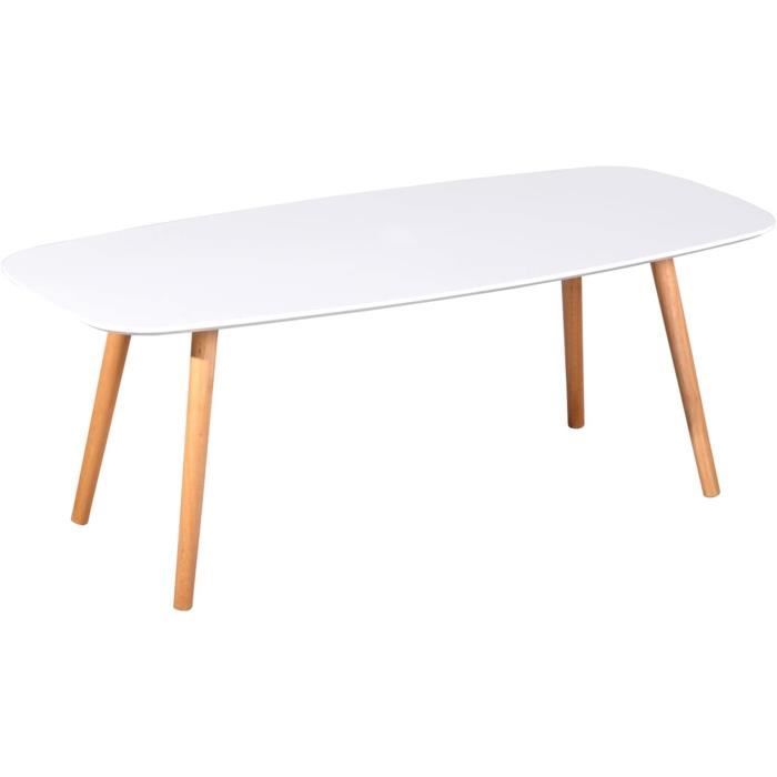 table basse ovale - design scandinave - pieds en bois d'hévéa - plateau blanc - 110x50x40cm