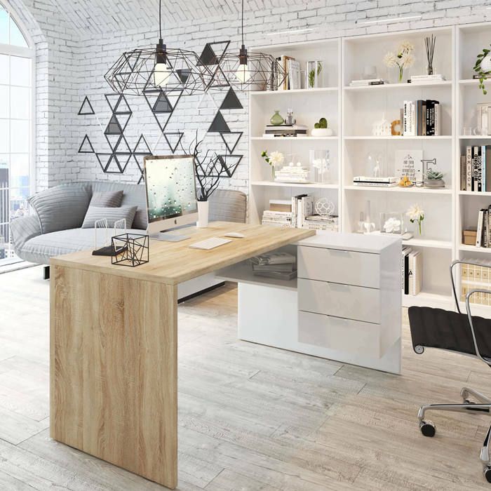 Dmora - Bureau Greensboro 145 x 108 x 73 cm chêne blanc Panneau effet bois