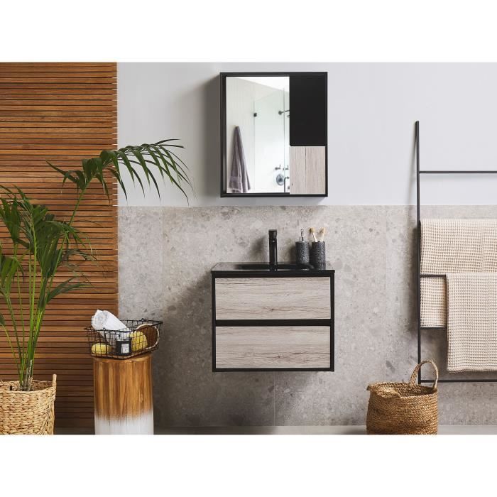 meuble vasque integree avec miroir et cabinet 60 cm bois clair et noir teruel