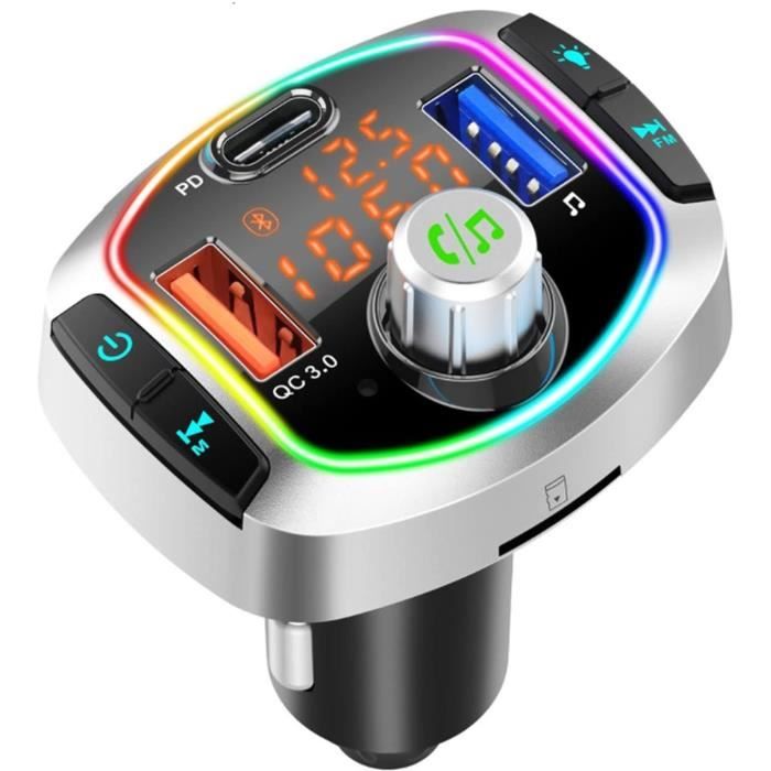 Transmetteur FM Bluetooth pour voiture-Lecteur MP3 avec chargeur de musique Bluetooth, chargeur USB, carte TF,7 LED de couleur