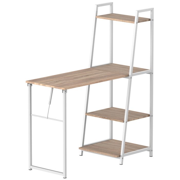 Bureau pliable - HOMCOM - bureau bibliothèque 2-en-1 4 étagères gain de place - métal bois - chêne blanc
