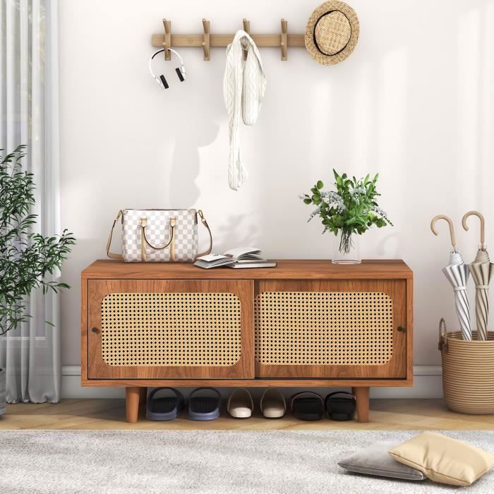 Meuble à Chaussures avec Portes en Rotin 2 Compartiments Banc de Rangement Bas Entrée 104 x 40 x 48 cm Meuble à Chaussures avec Portes en Rotin 2 Compartiments Banc de Rangement Bas Entrée 104 x 40 x 48 cm