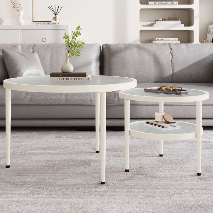 Lot De 2 Tables Basses Rondes Merax - Design Moderne Marbre & Métal Doré
