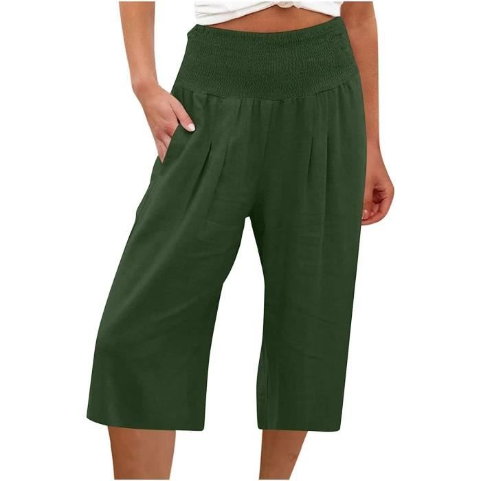 Pantalon Court Femme Été Pantacourt Fluide Jambe en Coton et Lin Pantalon de Jogging léger pour Femme Pantalon de Longueur 3/4 - A