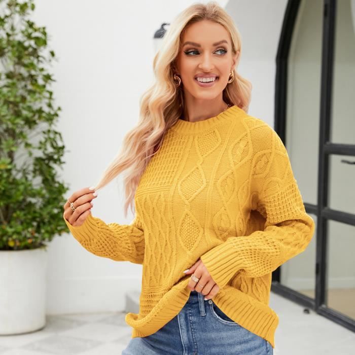 Pull Femme En Tricot Col Arrondi Manches Longues Chaud Doux Hiver - Jaune  Jaune - Cdiscount Prêt-à-Porter