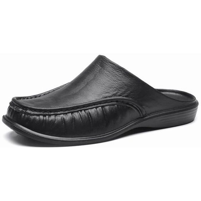 Pantoufles Homme ECELEN Slip on en Cuir Noir Confortables et
