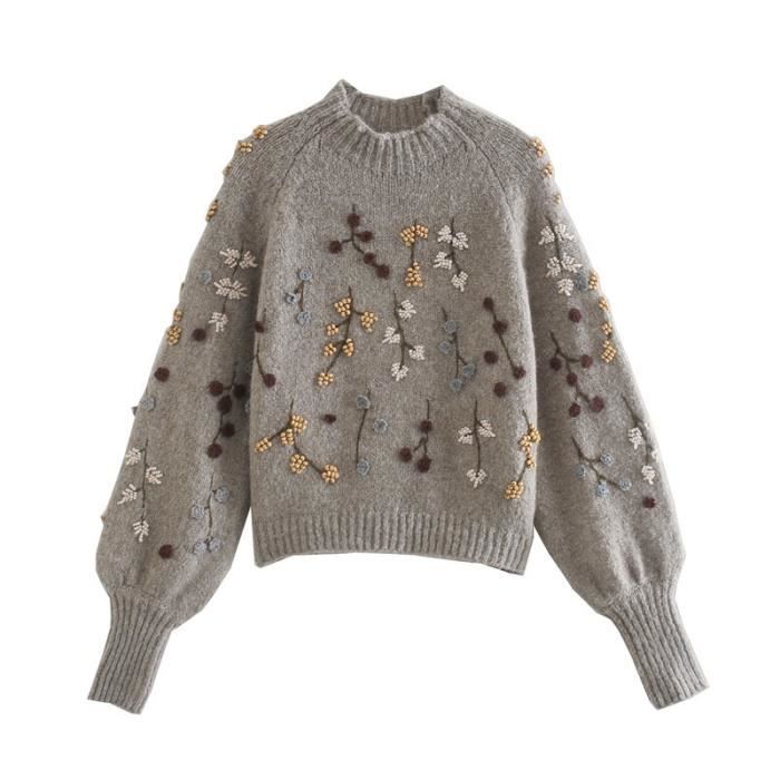 Ardm pull perle broderie gris pull a manches longues Vintage hiver pull en tricot haut pour femme avec pull a fleurs Noir Cdiscount Pret a Porter