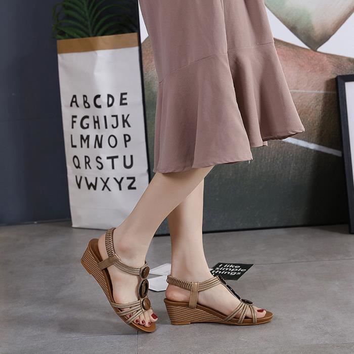 Sandales compensees a talons bas pour femmes Marron Cdiscount Chaussures