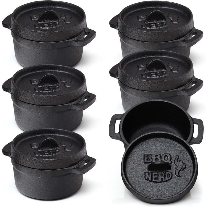 bbq-nerd© lot de 6 mini marmite en fonte avec couvercle 11 x 5 cm pour barbecue, foyer, four, cuisinière, casserole de service, 335