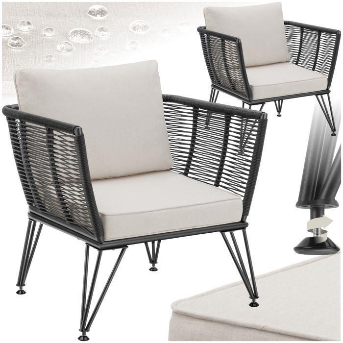 Salon de jardin - TECTAKE - Lot de 2 fauteuils de jardin SUNDO en résine tressée avec housses polyester amovibles et coussins - Gris