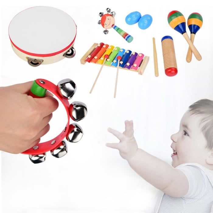 Instruments De Musique En Bois Pour Enfants - Lot Percussions Montessori - Tambourin, Triangle, Hochets... - Cadeau éducatif