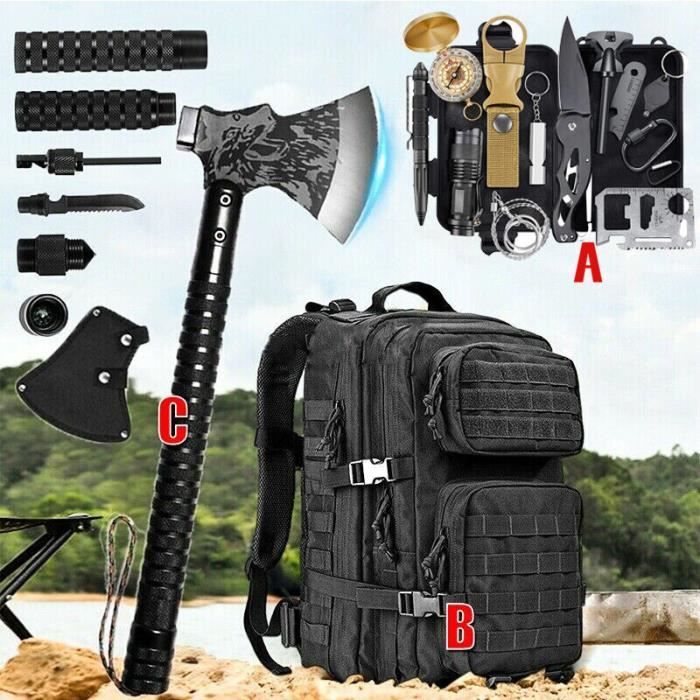 Lot De 3 Ensembles Hache De Survie + Couteau Lame Fixe Vigor - Camping Outdoor - Neuf