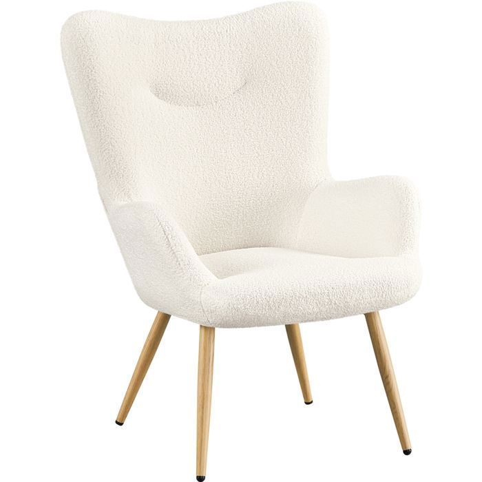 Fauteuil Bouclette Confortable avec Pieds Métal Dossier Haut Enveloppant Tissu Doux Idéal pour Salon Bureau Ivoire YAHEETECH