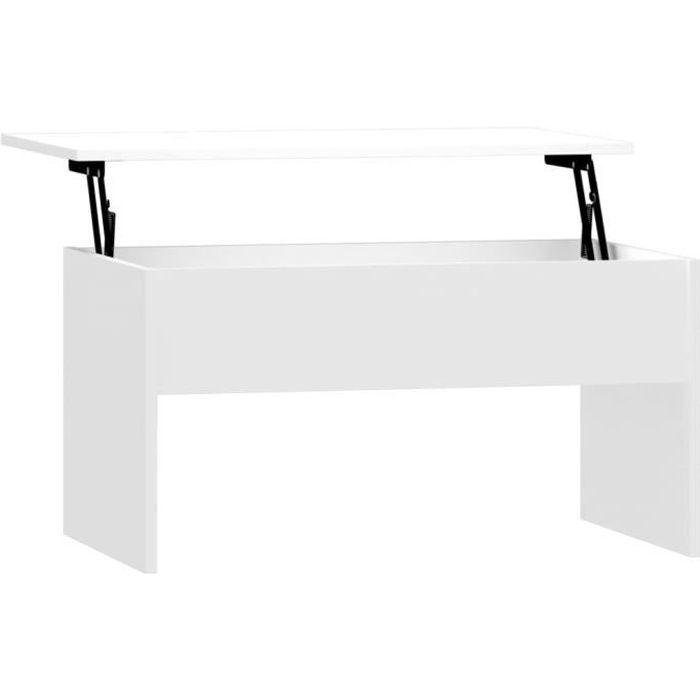 Table basse - ZERODIS - Blanc brillant - Plateau relevable - Espace de rangement - Bois dingénierie