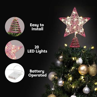 Cimier Étoile Rose Pailletée Sapin De Noël : À Piles, 20 LED Blanc Chaud, Décoration Cime CIMIER - Maison