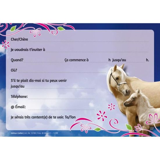 Lot De 12 Cartes D'invitation Pour 9e Anniversaire D'enfant Neuvième Anniversaire Fille Cheval Chevaux Avec 12 Enveloppes, 12 Sachets / Naturel, 12 Autocollants, 12 Marque-pages