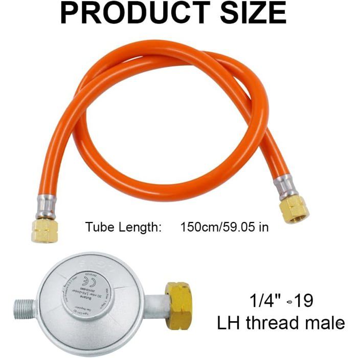 Régulateur De Pression Gaz 50 Mbar Avec Tuyau 150 Cm - Filetage 1/4" 19 LH - Pour Barbecues à Gaz, Camping