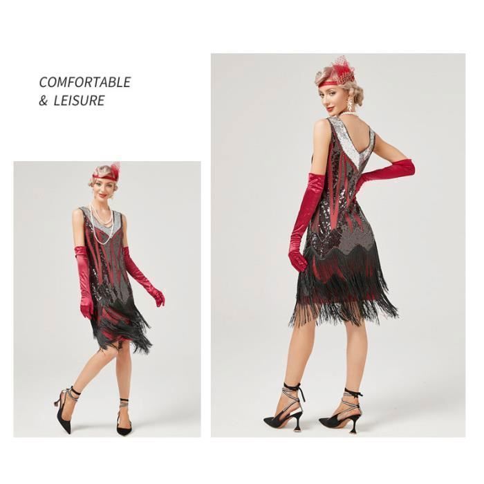 Robe Vintage Femme D guisement Ann e 20 Charleston Franges Paillettes Col V Sans Manche Soir e Bal Cocktail C r monie XS 3XL Rouge