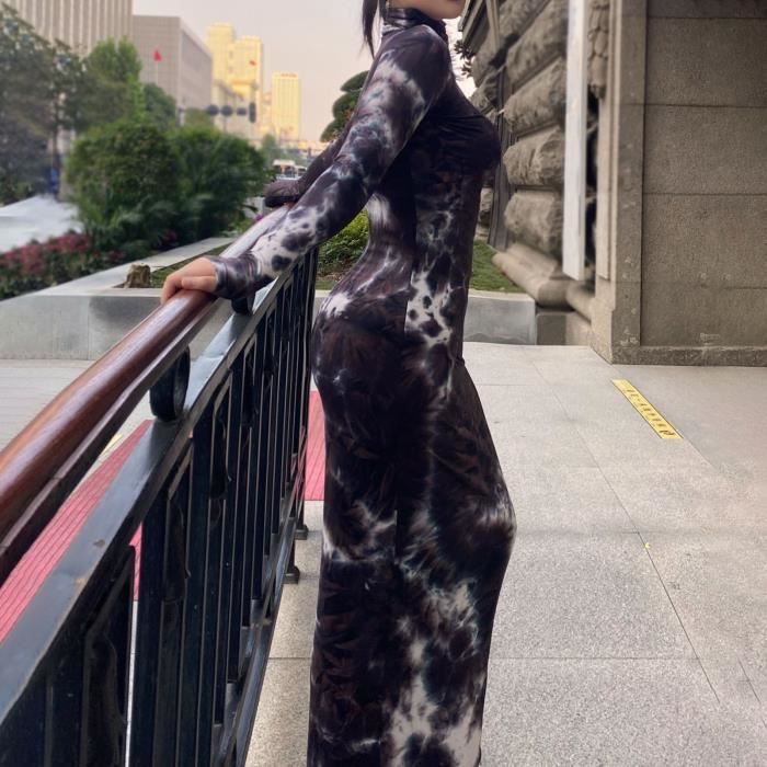Robe moulante Tie Dye Print Skinny extensible a manches longues a col roule Robe a la cheville pour les rendez vous Green Cdiscount Pret a Porter