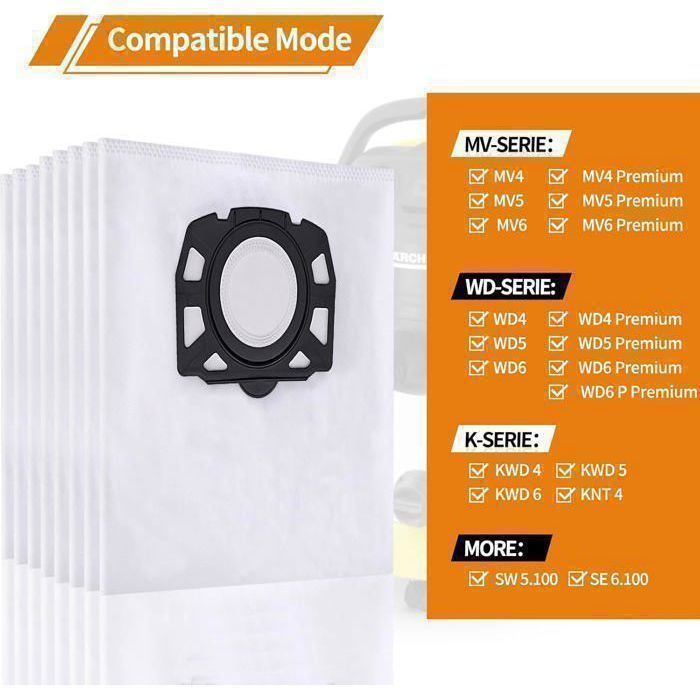10 Sac Aspirateur pour Karcher WD4 WD5 WD6 MV4 MV5 MV6 KFI 487