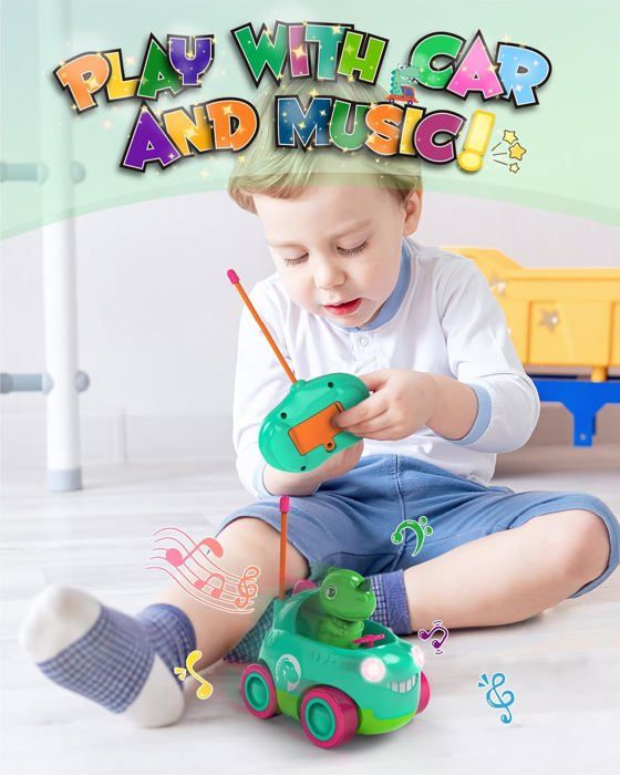 Voiture Télécommandée Dinosaure Pour Enfants 2-6 Ans – 2 Voitures, 4 Dinos, Ballon – Lumières, Musique, Charge USB