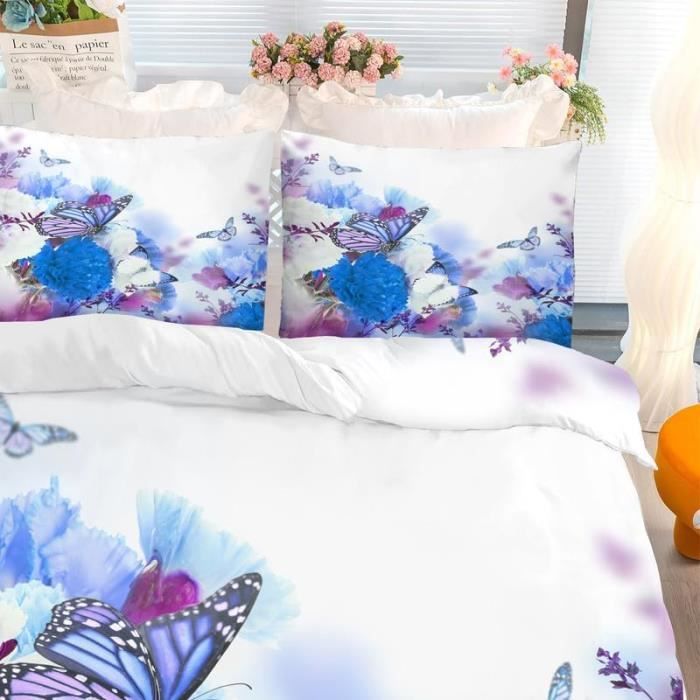 Housse De Couette 200X220 Adulte Papillon Fleur Violette Parure De Lit